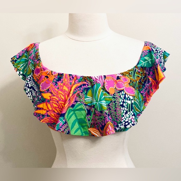 Trina Turk Tropical Print Green Orange Pink Short Sleeve Ruffle Bikini Top SZ 12 - Picture 1 of 13